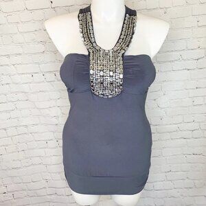 KIWI RHINESTONE SEQUIN & BEAD GRAY TANK TOP W/ PADDED CUPS - XL